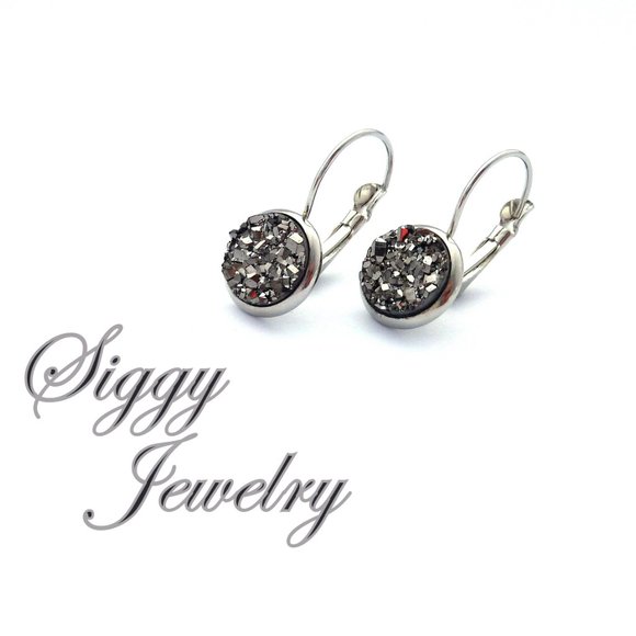 Shiny Hematite Faux Druzy Drop Lever Earrings - Picture 5 of 7